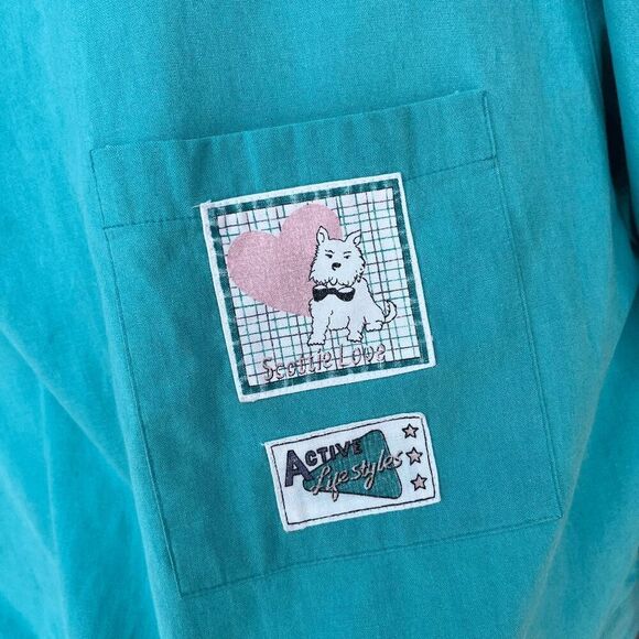 Vintage 90s Gitano Scottie Dog Cropped Shirt Teal M Y2K Kidcore Cute - Picture 5 of 12